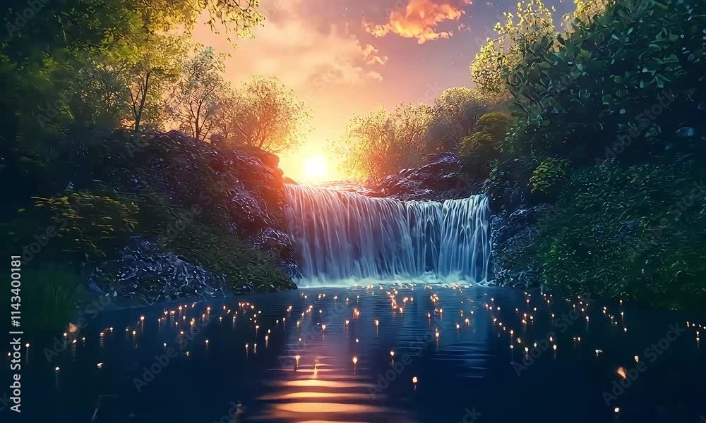 Serene Waterfall in Lush Green Environment with Sparkling Water Under Golden Sunset Glow Surrounded by Vibrant Nature and Tranquil Reflection in Calm Lake with ai generated.