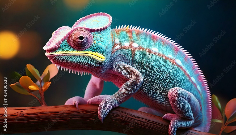 Fototapeta premium round chameleon sitting on a glowing twig, with soft