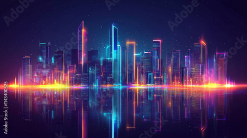 Vibrant Futuristic City Skyline at Night with shiny and glowing neon lights, abstract ultra modern light effect of cityscape featuring sleek modern architecture illuminated by vibrant neon lights.