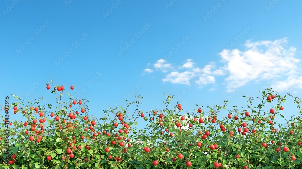 Lush Red Berries Abundant on Green Bushes Under Blue Sky Lush Red Berries Abundant on Green Bushes Under Blue Sky