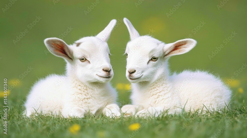 Two adorable white lambs resting together in a green meadow. Two adorable white lambs resting together in a green meadow.