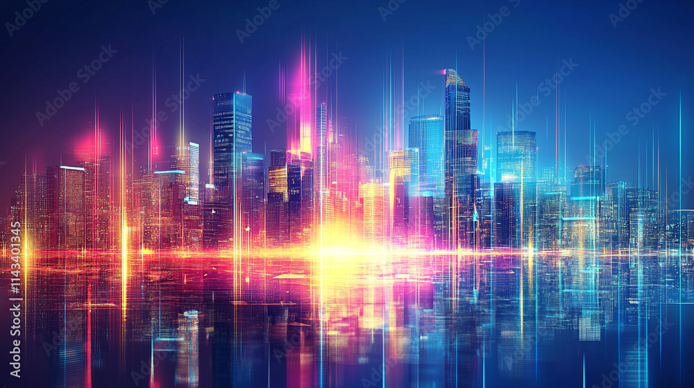 Vibrant Futuristic City Skyline at Night with shiny and glowing neon lights, abstract ultra modern light effect of cityscape featuring sleek modern architecture illuminated by vibrant neon lights. Vibrant Futuristic City Skyline at Night with shiny and glowing neon lights, abstract ultra modern light effect of cityscape featuring sleek modern architecture illuminated by vibrant neon lights.