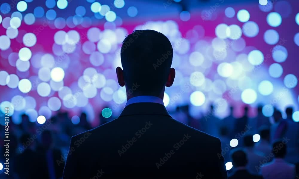 Man in suit at a large event with blurred background lights. Man in suit at a large event with blurred background lights.