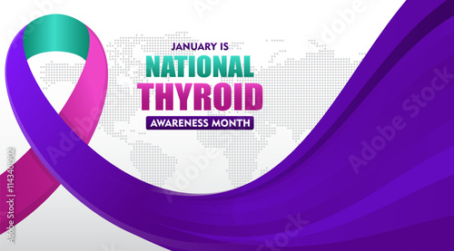 National thyroid awareness month is celebrated every year in January. with purple ribbon and typography suitable for banner, card, poster, template background