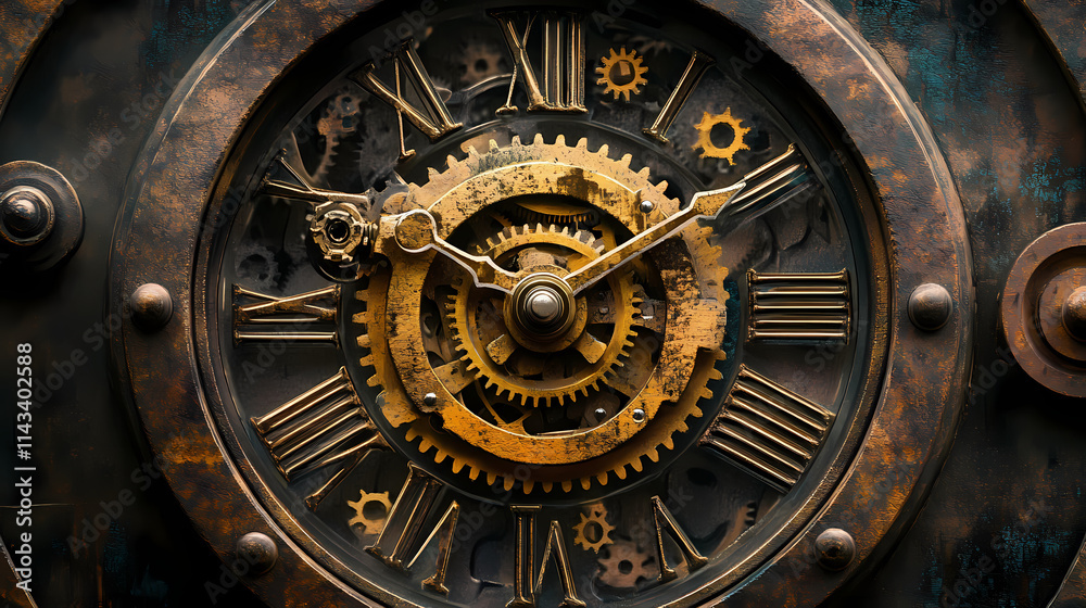 Fototapeta premium Old mechanical clock, clock face with gears, vintage object. Chronos. Illustration