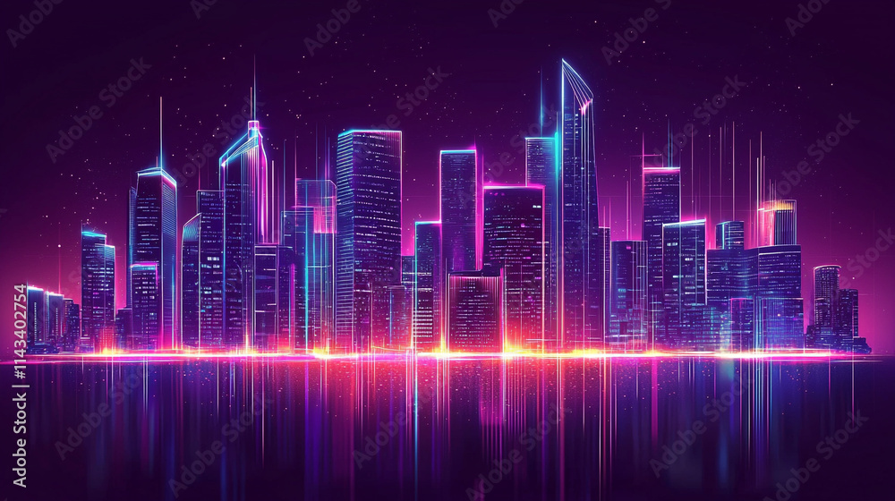 Vibrant Futuristic City Skyline at Night with shiny and glowing neon lights, abstract ultra modern light effect of cityscape featuring sleek modern architecture illuminated by vibrant neon lights.