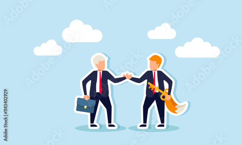 An elderly businessman shakes hands with a fox-tailed business partner carrying a key, illustration of an agreement with a cunning partner providing business solutions