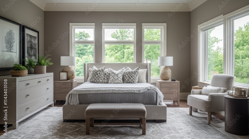 Fototapeta premium A cozy and modern bedroom featuring a large window, contemporary furniture, and soft, calming colors like grays and whites, offering a tranquil and stylish retreat.