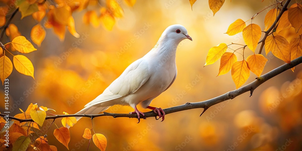 Serene White Dove on Golden Branch - Architectural Photography, Autumn Leaves, Peaceful Bird Serene White Dove on Golden Branch - Architectural Photography, Autumn Leaves, Peaceful Bird