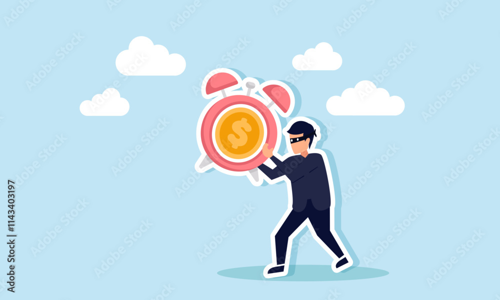A thief walks carrying an alarm clock labeled with a dollar coin, illustration of fraud manipulating investment time schedules A thief walks carrying an alarm clock labeled with a dollar coin, illustration of fraud manipulating investment time schedules