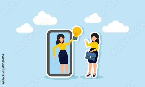 A businesswoman talks to her partner carrying a lamp, emerging from a smartphone, illustration of an online business agreement deciding on applied business ideas