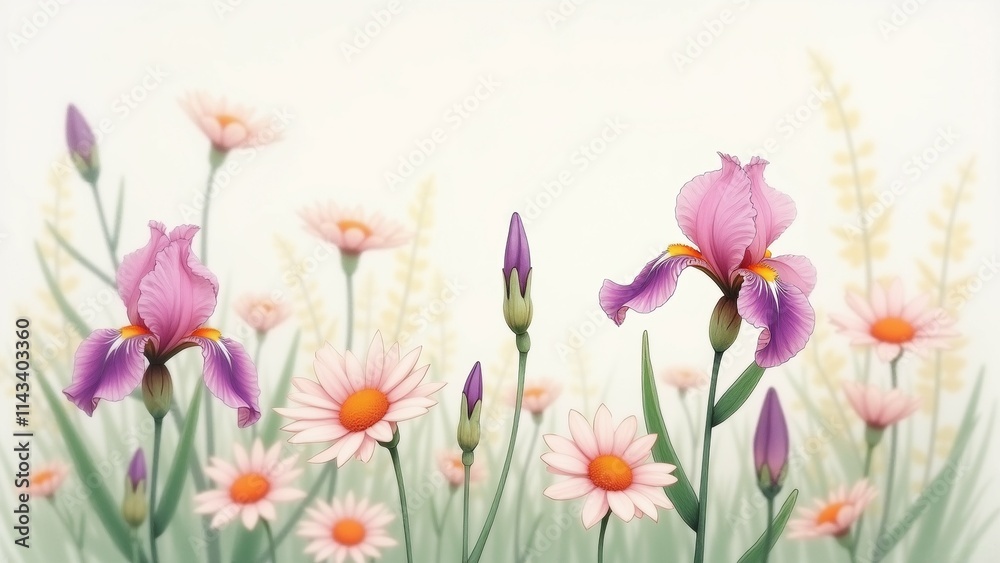 Fototapeta premium The image is a digital illustration of a field of pink and white daisies and purple irises. The background is a light green color with a hint of yellow, creating a soft and dreamy atmosphere.