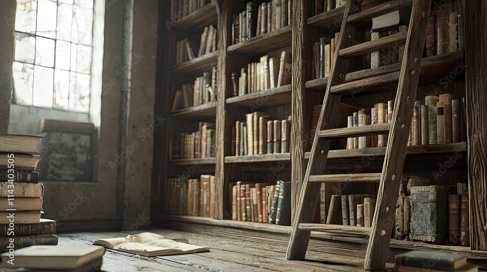 A rustic library with tall wooden bookshelves, filled with old and new books, and a vintage ladder leaning against them, giving a warm and aged ambiance.
