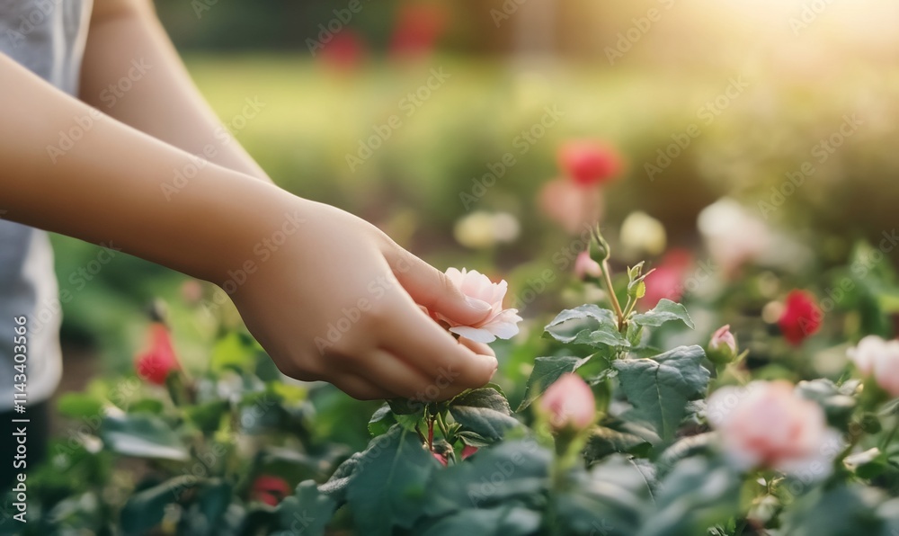 A child gently picking a flower in a blooming garden. A child gently picking a flower in a blooming garden.