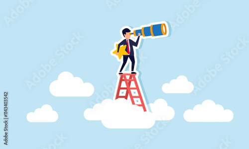 A businessman holds a star and peers ahead while climbing a ladder above the clouds, illustration of observing and analyzing strategies to improve business ratings