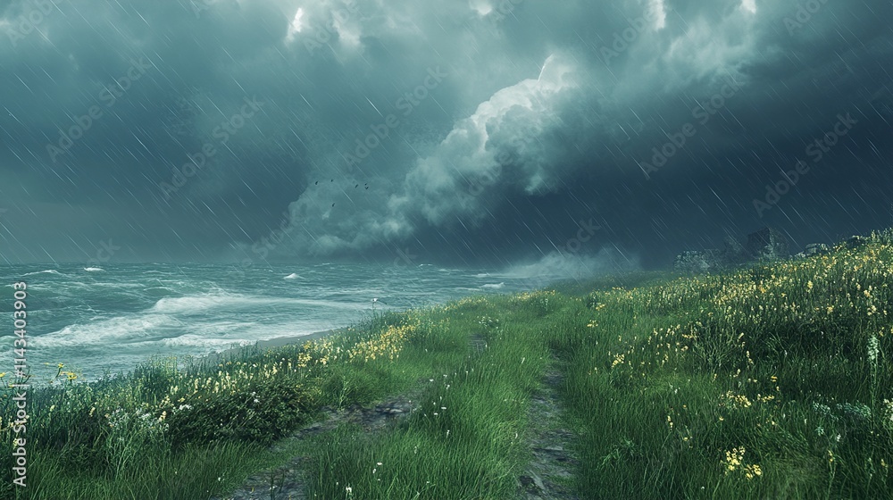 Dramatic Coastal Storm: Rain, Ocean, and Wildflowers Dramatic Coastal Storm: Rain, Ocean, and Wildflowers