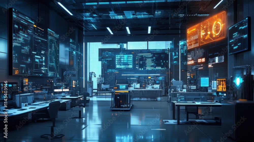 A cutting-edge Industry 4.0 smart factory with automated machines, AI networks, and big data integration, showcasing digital manufacturing operations in a high-tech industrial environment. A cutting-edge Industry 4.0 smart factory with automated machines, AI networks, and big data integration, showcasing digital manufacturing operations in a high-tech industrial environment.
