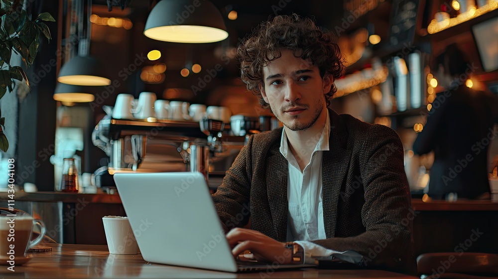 Fototapeta premium A close-up of a confident entrepreneur working intently on a laptop in a chic cafe. The ambiance is warm and inviting, with baristas in the background serving coffee, hig