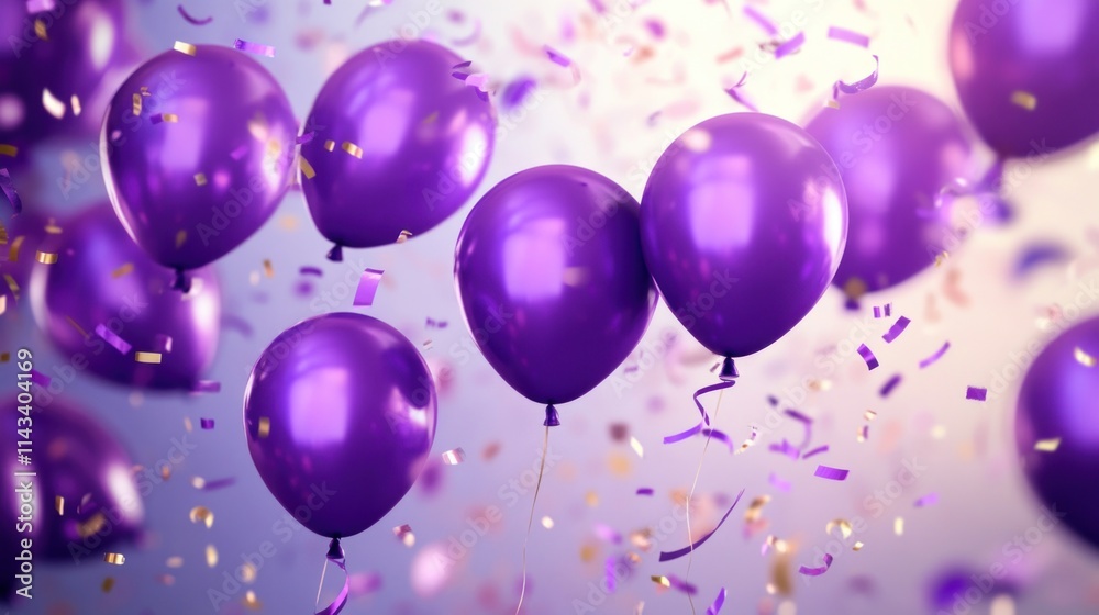 A dazzling 3D birthday party scene with realistic purple balloons, greeting confetti, and an abstract luxury anniversary banner, creating a joyful and elegant atmosphere for a celebration invitation. A dazzling 3D birthday party scene with realistic purple balloons, greeting confetti, and an abstract luxury anniversary banner, creating a joyful and elegant atmosphere for a celebration invitation.