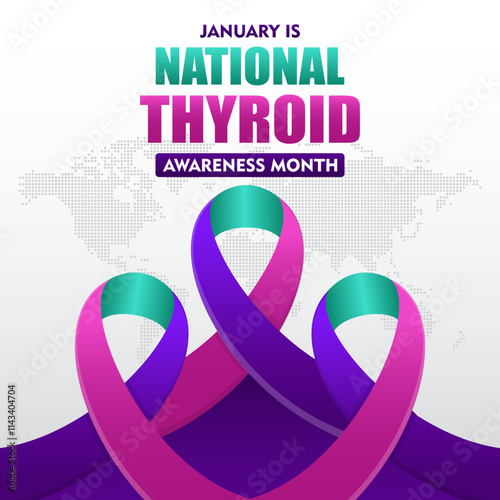 National thyroid awareness month is celebrated every year in January. with purple ribbon and typography suitable for banner, card, poster, template background