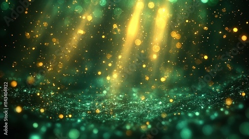 Vibrant Green and Gold Bokeh Lights Abstract Composition with Ethereal Rays of Light on Dark Green Background