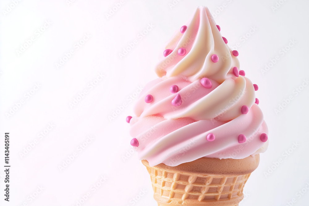 Soft ice cream with fancy sprinkle isolated on white background, Strawberry ice cream in cone on white, Gelato in waffle cone. Soft ice cream with fancy sprinkle isolated on white background, Strawberry ice cream in cone on white, Gelato in waffle cone.