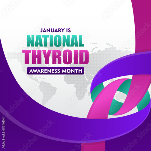 National thyroid awareness month is celebrated every year in January. with purple ribbon and typography suitable for banner, card, poster, template background