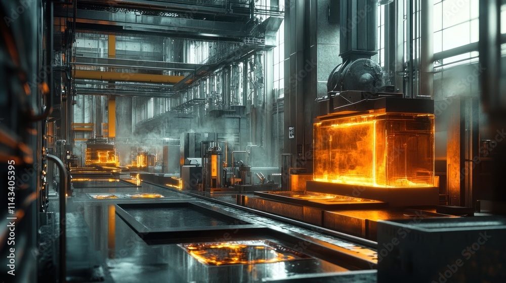 A detailed scene of a glass production process, with molten glass being poured into molds, cooled, and then processed by automated machinery in a modern facility. A detailed scene of a glass production process, with molten glass being poured into molds, cooled, and then processed by automated machinery in a modern facility.