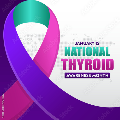 National thyroid awareness month is celebrated every year in January. with purple ribbon and typography suitable for banner, card, poster, template background