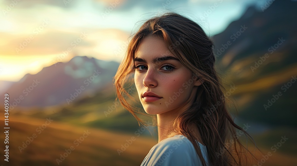 A serene landscape blends with a portrait of a woman, her gaze reflecting the tranquil mountains and vibrant sunset hues. A serene landscape blends with a portrait of a woman, her gaze reflecting the tranquil mountains and vibrant sunset hues.