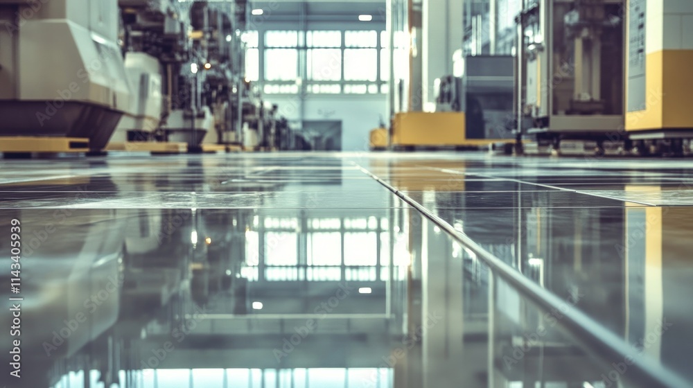 A detailed view of a floor tile production line with automated machines cutting, shaping, and processing tiles, set in a clean, modern factory environment. A detailed view of a floor tile production line with automated machines cutting, shaping, and processing tiles, set in a clean, modern factory environment.