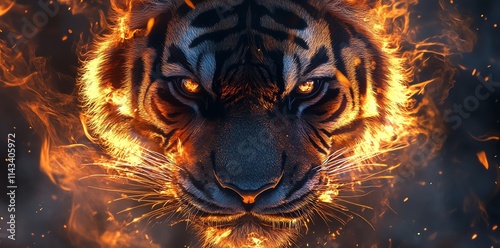 A fierce tiger's face surrounded by flames, symbolizing power and intensity. photo