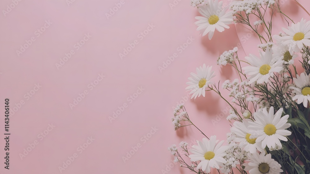 Naklejka premium White Daisies and Baby Breath on Pink Background