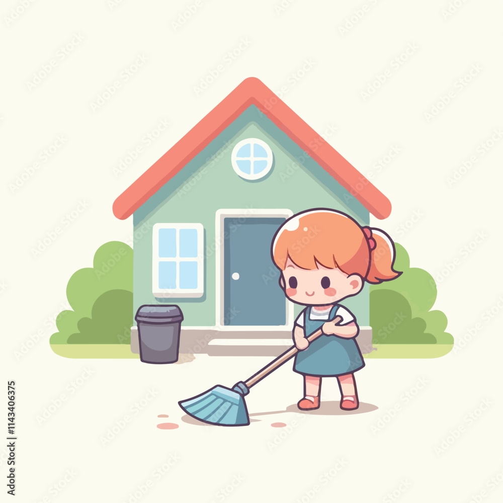 Fototapeta premium vector image of a small child sweeping