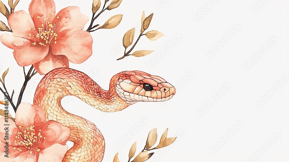 Obraz premium A colorful snake intertwined with delicate flowers, showcasing a blend of nature's beauty and wildlife in a harmonious design.