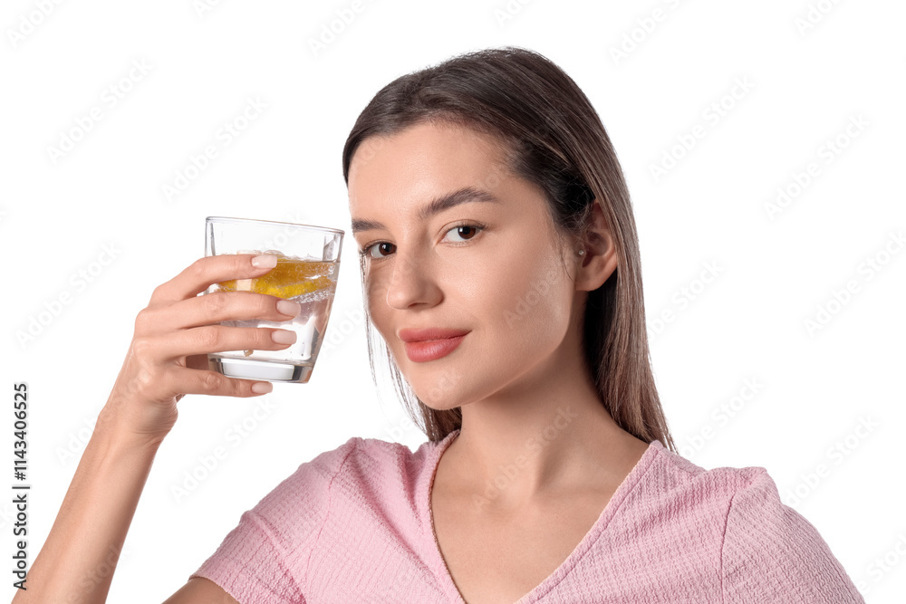 Beautiful young woman with glass of lemon infused water on white background Beautiful young woman with glass of lemon infused water on white background