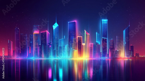 Vibrant Futuristic City Skyline at Night with shiny and glowing neon lights, abstract ultra modern light effect of cityscape featuring sleek modern architecture illuminated by vibrant neon lights.