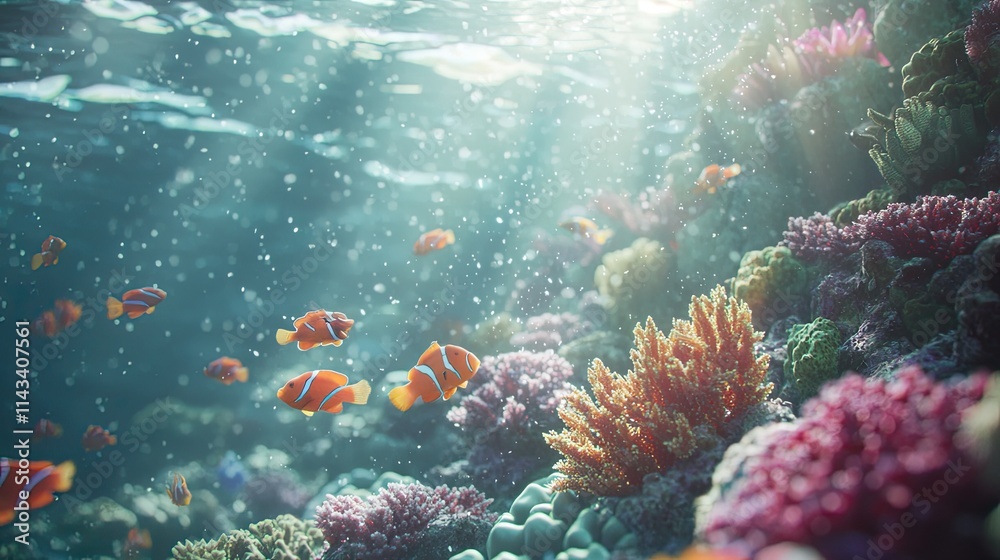 Fototapeta premium A close-up view of a coral reef bursting with bright corals and schools of tropical fish swimming around, illuminated by shimmering sunlight filtering through the ocean w