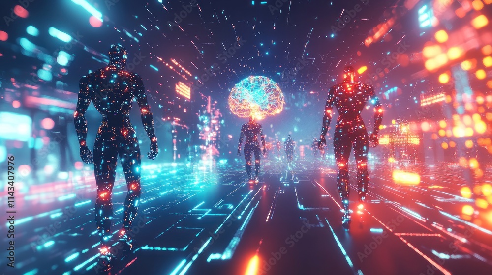 A futuristic digital scene featuring humanoid robots with glowing circuits, a holographic brain, and a neural network of nodes A futuristic digital scene featuring humanoid robots with glowing circuits, a holographic brain, and a neural network of nodes