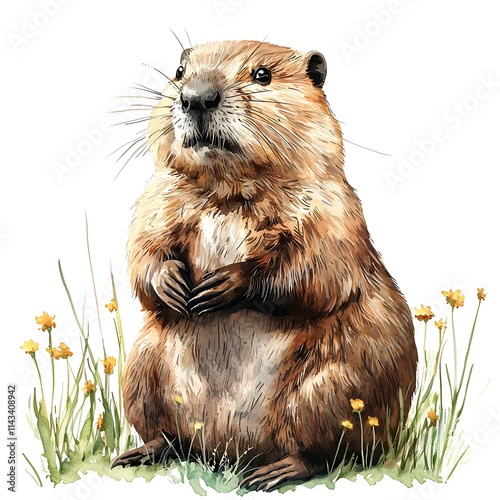 Watercolor painting of a woodchuck sitting upright in a field of wildflowers. photo