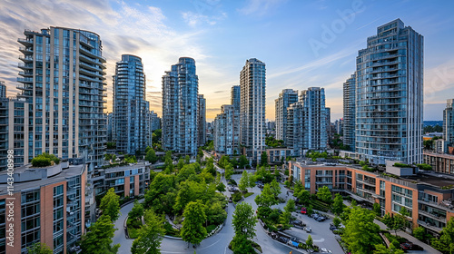 Wallpaper Mural A skyline view of modern residential buildings surrounded by greenery at sunset. Torontodigital.ca