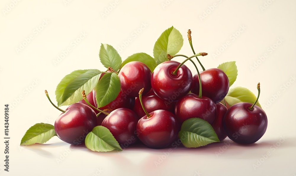 Pile of ripe cherries with leaves. Pile of ripe cherries with leaves.
