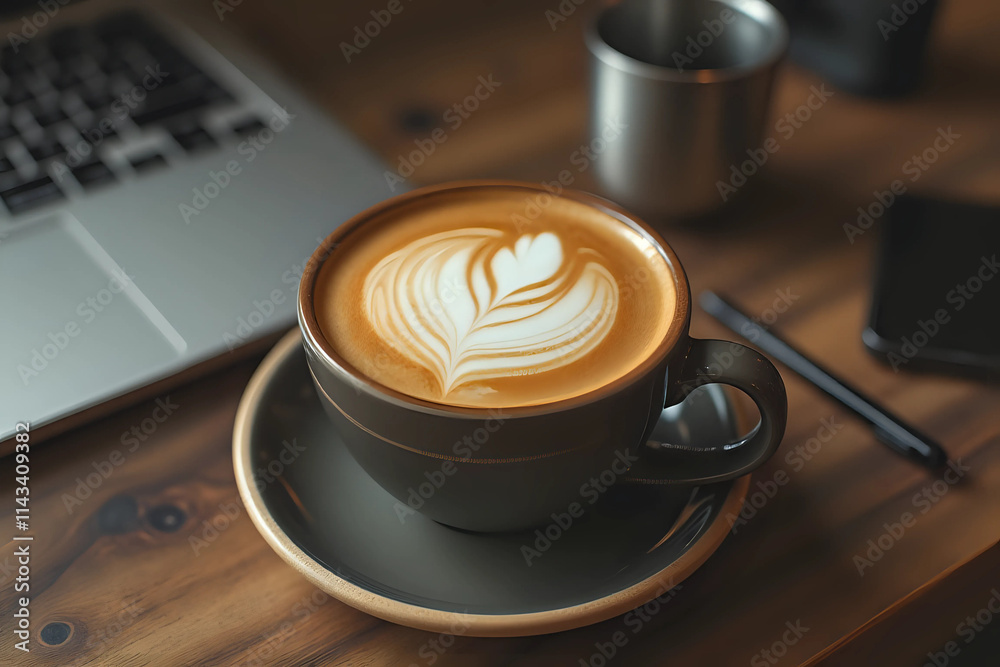Close-up of Hot coffee latte with latte art milk foam in cup mug and laptop computer on wood desk office desk in coffee shop at the cafe,during business work concept Close-up of Hot coffee latte with latte art milk foam in cup mug and laptop computer on wood desk office desk in coffee shop at the cafe,during business work concept