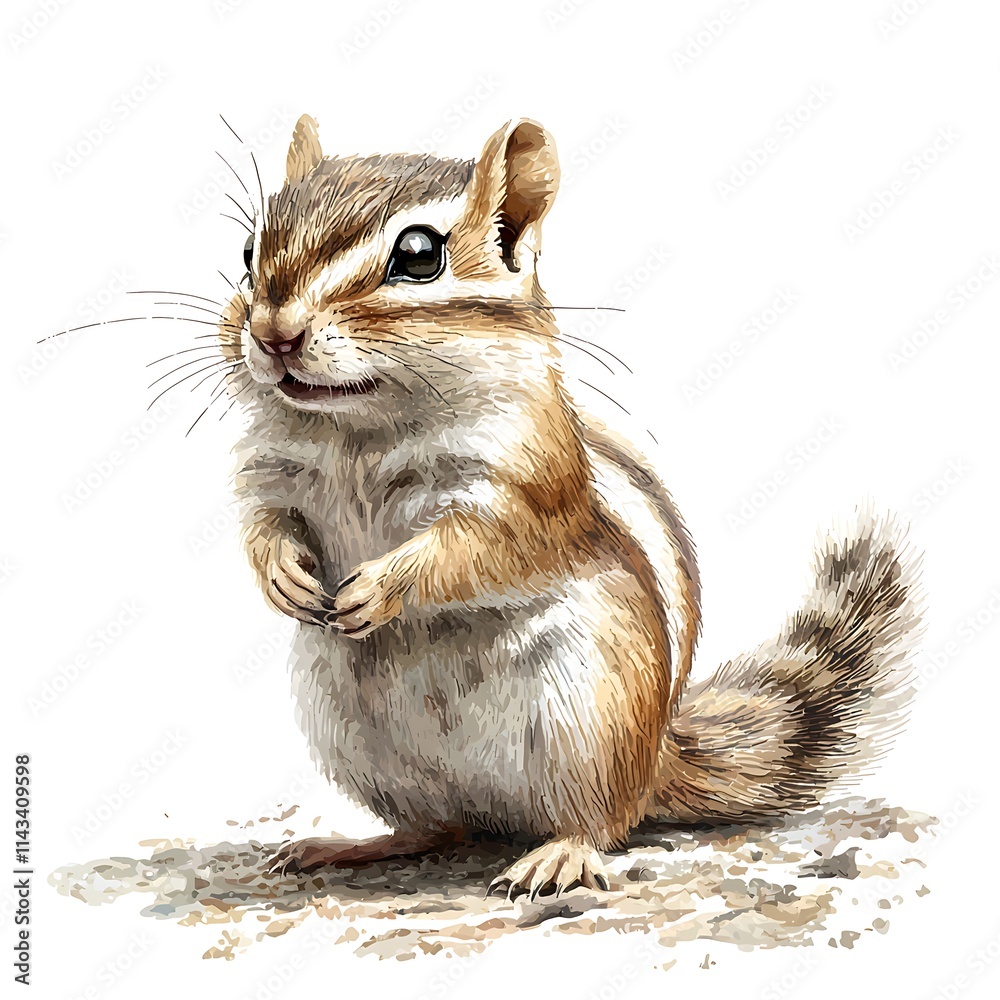 Obraz premium A Detailed Watercolor Painting of an Adorable Siberian Chipmunk Standing on its Hind Legs.