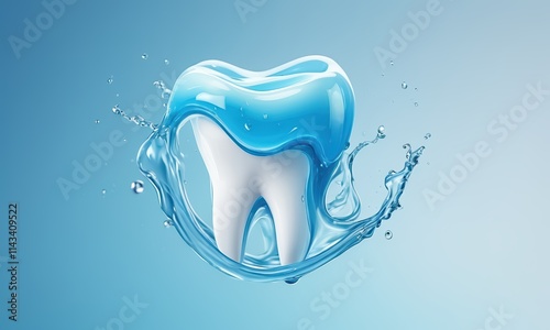 Tooth in Water Splash: A 3D rendering of a sparkling white tooth submerged in a refreshing blue water splash, symbolizing dental hygiene and oral care.  
