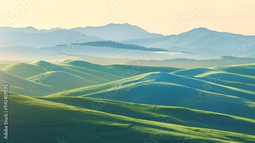 Sunrise Over Rolling Green Hills and Distant Mountains