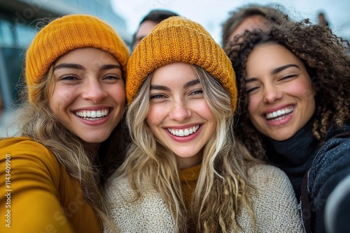 Happy senior friends taking outdoor selfie together on city street enjoying friendship and fun