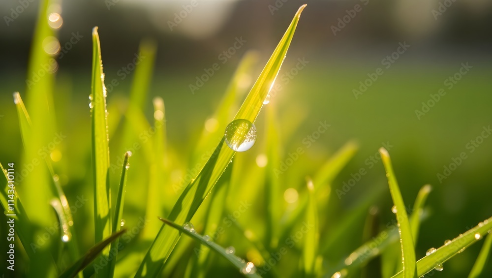 Fototapeta premium Dewdrop on Grass Blade Sunrise Macro Photography
