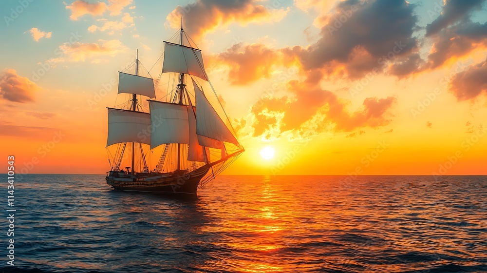 Fototapeta premium Vintage sailing ship at sunset. Concept of adventure, exploration, and freedom.