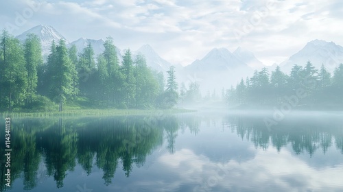 A calm lake reflects a dreamy forest and distant mountains, merging cool greens with soft morning mist, creating an ethereal atmosphere.